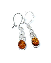 Load image into Gallery viewer, Amber hanging earrings with Celtic pattern (925)
